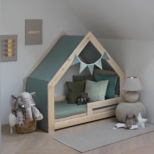 Need Sleep Hausbett Himmel mit Wimpelkette für Bett 80x160 cm - 100% Baumwolle Betthimmel Mädchen Junge- Himmelbett Vorhang für Kinderbett - Baldachin Kinderzimmer Deko Grün (375 cm x 80 cm)