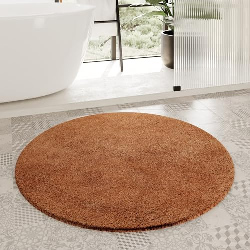 Homie Living Porto Azzurro Badteppich, 90 cm rund, Terracotta | Badematte kuscheliger Flauschiger weicher Flor l rutschfest und Waschbar