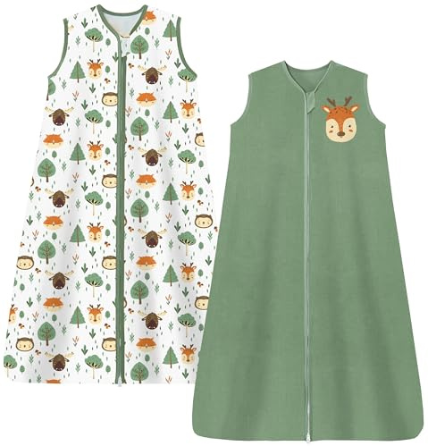 Chilsuessy 2er Pack Sommerschlafsack Baby Schlafsack Kleine Kinder Schlafanzug ohne Ärmel für Sommer und Frühling 100% Baumwolle, Grün + Wald, 110/Baby Höhe 110-125cm