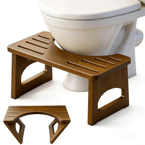 JACNITAD Foldable Toilet Stool, 7 Inch Poop Stool for Bathroom, Bamboo Toilet Stool Squat Adult, Collapsible Squatting Potty Stool with Non-Slip Strip - Helps Bathroom Posture and Comfort (Brown)