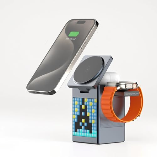 6 Po en 1 Station de Charge sans Fil Magnétique Pliable, Quai de Charge Rapide de 15 W pour Téléphone, écouteurs et Montre, Support de Chargeur sans Fil Convivial avec Horloge LED