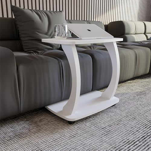Beistelltisch Couch, mit Rollen, Laptoptisch für Couch, kleiner Wohnzimmertisch, Sofatisch in stylischem Weiß, kleiner Couchtisch fürs Wohnzimmer, ideale Ablagefläche für Laptops, Side table, Arasta