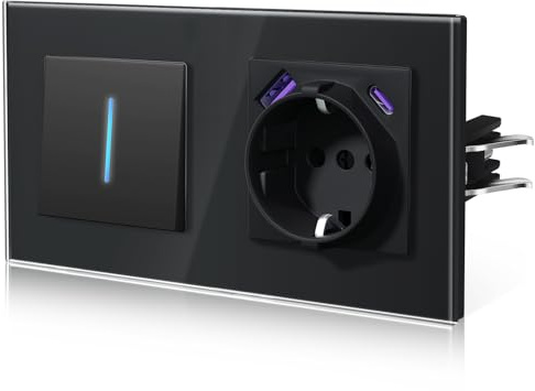 BSEED Lichtschalter mit Steckdose USB C 20W, Schnellladen Wandsteckdose mit Unterputz Schalter, Wechselschlter Mit Krallen, NEU E-Serie,1 Fach 1 Weg,Schwarz 157mm