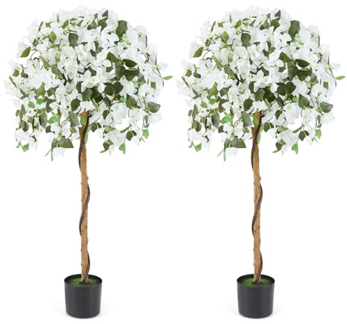 COSTWAY 130CM/4.3FT Ficus Artificial Tree, Fake Azalea Trees in Nursery Pot, Indoor Outdoor Greenery Tall Faux Floor Plant for Living Room Office Decor (2, White)