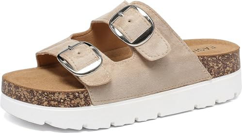 Sowdus Ciabatte Estive Donna con Tacco Plateau Sandali con Plantare in Sughero Comodi Slide Doppia Fibbia Pelle Scamosciata Antiscivolo Pantofole Gomma Suole Pantofol Estiv