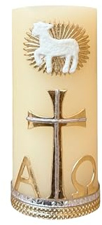 Angelitos de Mexico Religious Paschal Alpha Omega Gold-Tone Small Candle, 4.7 x 2 inches, Catholic Prayer Candle with Lamb and Cross Design