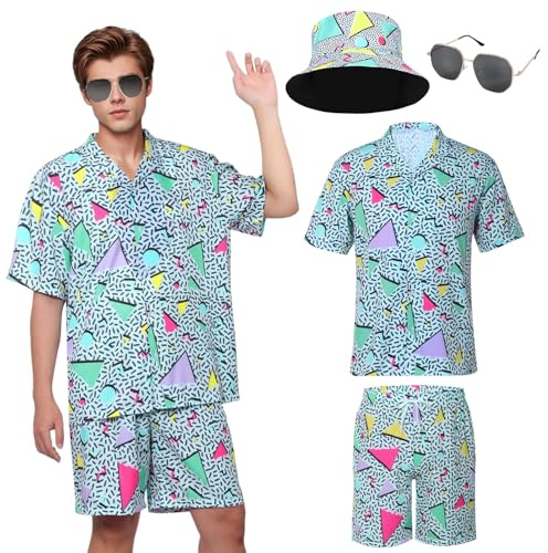 Matreeglam Set con camicia hawaiana da uomo, pantaloncini corti, camicie corte estive con stampa classica, con cappello alla pescatora, occhiali, per vacanze tropicali in spiaggia (stile 1, 2XL)