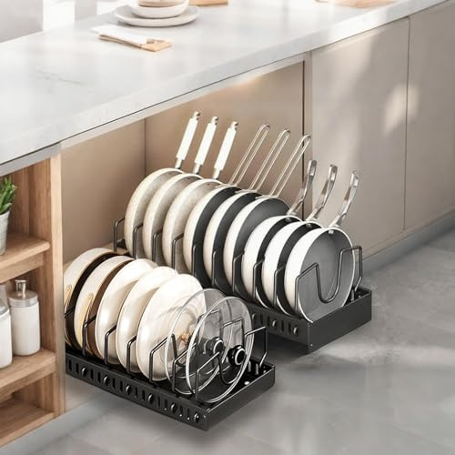 Organizador de Ollas y Sartenes 2 Unidades, Extensible Organizador Tapas Ollas con 8 Compartimentos Ajustable, Soporte Tapas Ollas y Sartenes para Cocina, Negro