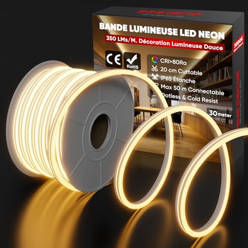Shine Decor Neon LED Streifen 30m, AC 230V IP65 Wasserdicht LED Band, 120 leds/m Flexible LED-Neon Lichterketten für Home Decoration Küche Garten Beleuchtung (30M, Warmweiß, CE Zertifiziert)