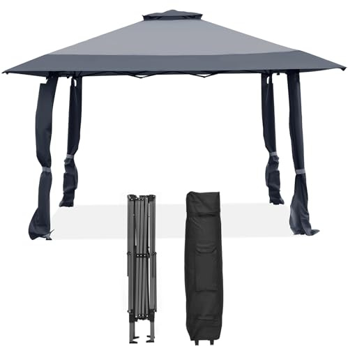 HOMASIS 4 x 4 m Pavillon, Faltbarer Gartenpavillon mit Doppeldach, höhenverstellbarer Faltpavillon mit Tragetasche, wasserdichter Pop up Pavillon mit UV-Schutz für Garten Party Hochzeit (Grau)