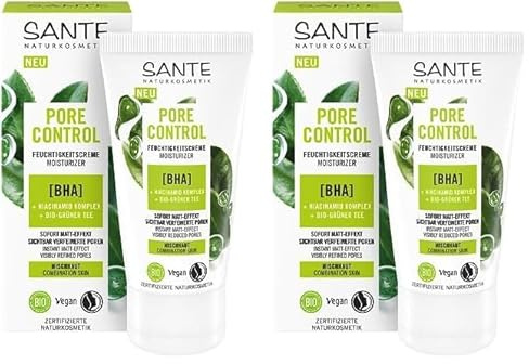 SANTE Naturkosmetik Pore Control BHA Feuchtigkeitscreme, mit mattierendem Bio-Grüner Tee, BHA & Niacinamid Komplex, vegane Tagescreme für Mischhaut, porenverfeinernde Gesichtspflege, 50ml