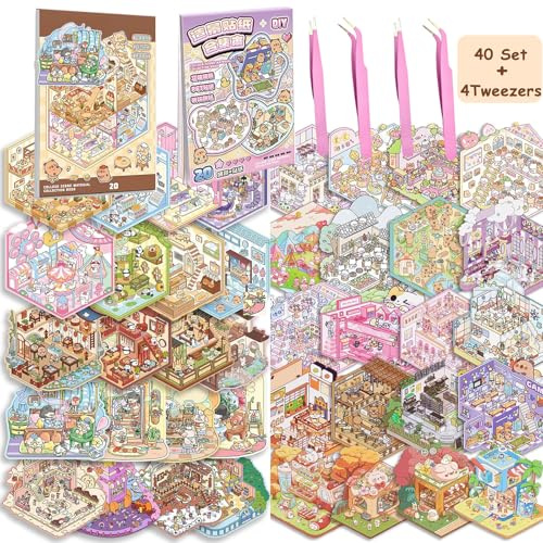40 Sets DIY 3D-Hausaufkleber-Set mit 4 Pinzetten, ungiftig und sicher, 3D-Miniatur-Szenentherapie für Kinder und Erwachsene, Stressabbau-Aufkleber-Szenen, kreatives und wiederverwendbares