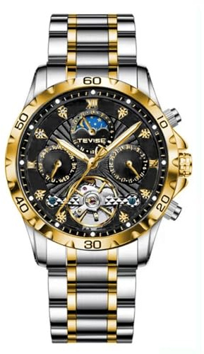 DAXIAOYU mode affärer män automatiska mekaniska klockor multifunktionella månfas veckokalender klocka vattentät Tourbillon rostfritt stål rem armbandsur lysande, Guld-svart, Lyx