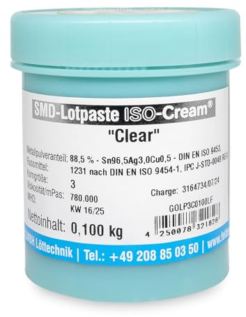 GALLUNOPTIMAL by FELDER SMD-Lötpaste ISO-Cream Clear, bleifrei SAC305 Sn96,5Ag3Cu0,5 – Typ 3 (25–45 µm), no-clean REL0, halogenid-/kolophoniumfrei, 217–219 °C, 100 g, für Elektronikindustrie