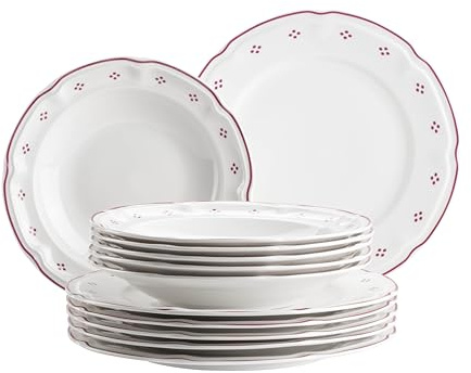 Mäser Serie Lova - Vajilla de porcelana de 12 piezas, 6 platos llanos de 26 cm y 6 platos hondos de 22 cm, color rojo