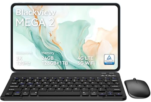 Blackview Mega2 Tablet 12 Zoll Android 15 Tablets, 24GB RAM+128GB ROM, 120HZ 2K FHD Gaming Tablet mit Tastatur Maus Stift Kopfhörer, 4G LTE+5G WiFi, 9000 mAh, WideVine L1, Dual Kamera, Face ID, Blue