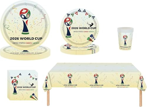 2026 World Cup Party Tableware Set: 1 Pack 137*274cm Big Tablecloth, 16 Pcs 7 inches Plate , 16 Pcs 9 inches Plate , 20 Tissues and 16 Paper Cups for World Cup Party Supplies, A Total of 69 Pieces