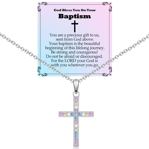 ADVIOK Baptism Gift for Girl Cross Necklace 23 * 16mm Pendant Stainless Steel Chain Pink Blue Yellow Cubic Zirconia for Women 16+2in