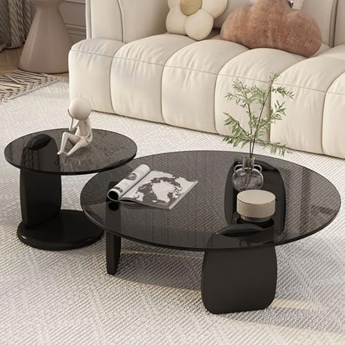 LIGUIEN Mesa de Centro Redonda Cristal, Mesa Nido Juego de 2, Mesas de Centro Pequeñas, Patas de Madera Maciza para Salón Dormitorio Oficina-Fácil de Ensamblar(Black,70+50cm/28+20)
