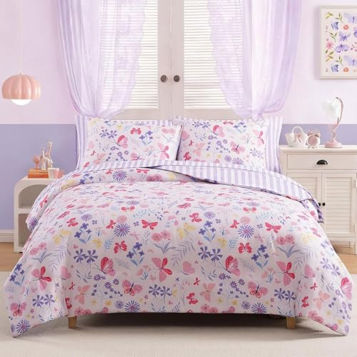 Freyamy Kinder Bettwäsche 135x200 Blumen Schmetterlinge Kinderbettwäsche | Mädchen Wendebettwäsche, 2teilig Bettwäsche-Sets, Microfaser ÖKO-TEX Bettbezug mit Reißverschluss und Kissenbezug 80x80cm