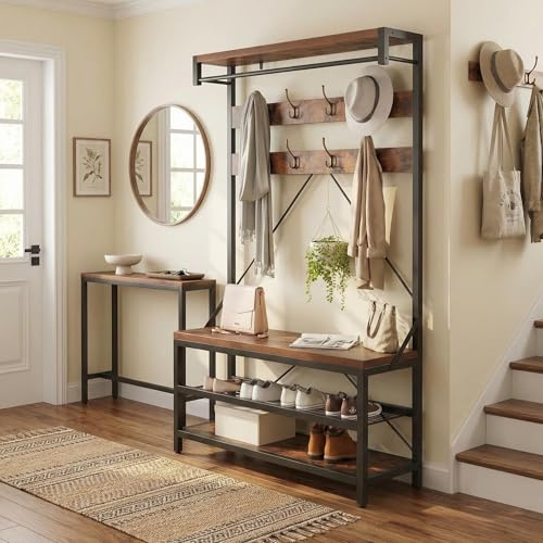 RBFGYIOP Appendiabiti Da Terra Con Scarpiera, Mobile Ingresso 3-in-1 Con Panca e Asta Appendiabiti, Attaccapanni Industriale Con 8 Ganci, Struttura in Metallo, 101,3x40x182,8 cm, Marrone
