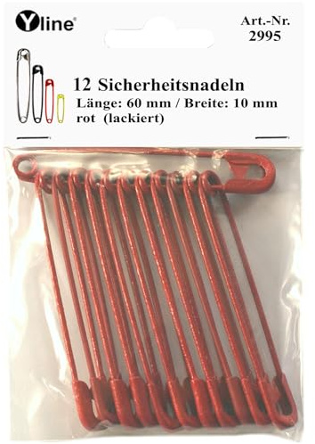 12 stycken maxi-säkerhetsnålar 60 mm, stora, röda (lackerade/matta), nålnålar, 2995
