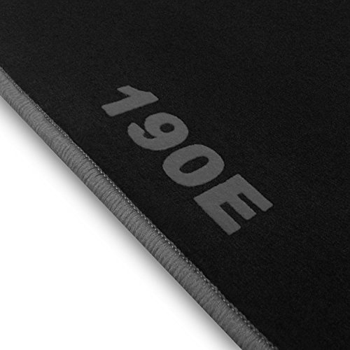 online-fussmatten OFM190E0006 190-Line Velours Auto Fußmatten für Mercedes Benz 190er W201, Schwarz mit Silbergrau Rand und 190E Druck, Tuftvelour mit Granulatrückenbeschichtung