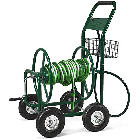 DREAMADE Schlauchwagen Metall, Gartenschlauchwagen 80m, Schlauchaufroller mit Korb, Gartenbewässerung Schlauchabroller, Grün