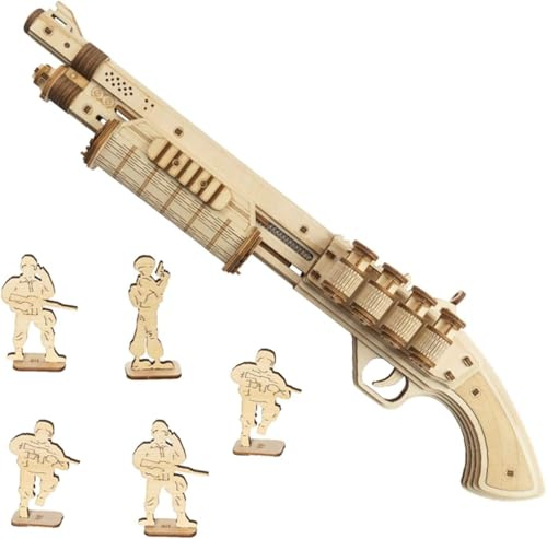 ROKR Pistolet en Bois à Assembler Model - Pistolet à Construire avec Elastiques - Puzzle mécanique en Bois pour Enfants et Adultes (Terminator M870)