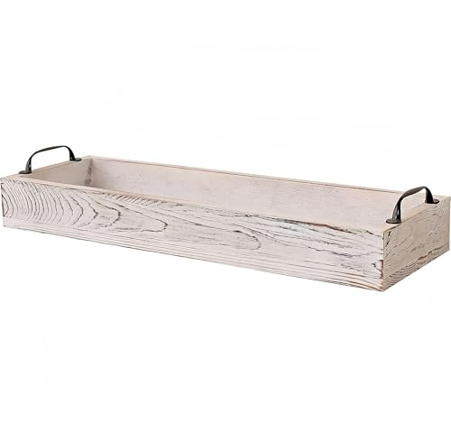 Rustikales Serviertablett aus Holz, rechteckig, mit Griff, Ottoman-Tablett für Wohnzimmer, 40,6 cm lang, schmales Tablett zum Servieren von Wein (weiß gekalkt)