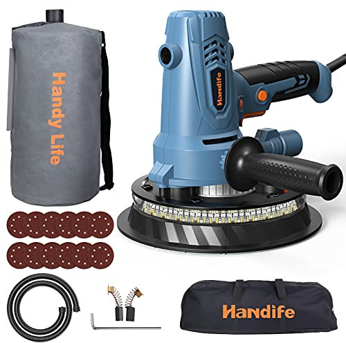 Levigatrice per Muro, Handife 800W Levigatrice a Secco 1200-2300 RPM, Raccolta Automatica di Polvere, con LED a due piani, 12 Dischi Abrasivi 180mm, Tubo Flessibile e 2 Spazzole in Carbone