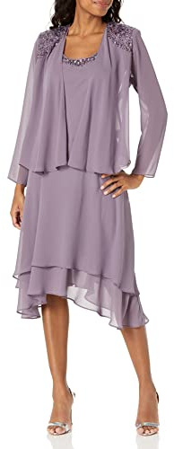 S.L. Fashions Women's Two-Piece Dress with Long-Sleeve Embellished Jacket Special Occasion, ICY Orchid, 22