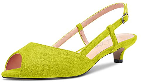 NobleOnly Mujer Aguja Bajos Gatito Heel Abierta Punta Slingback Sandalias Slip-on Sexy Dress de Boda 3.5 CM Heels Zapatos Verde Lima Ante 43 EU