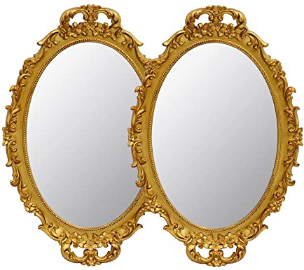 Confezione da 2 specchi decorativi vintage con cornice dorata, specchi da appendere alla parete e vassoio da tavolo per camera da letto soggiorno comò, ovale, 24,4 cm di larghezza x 36,3 cm di