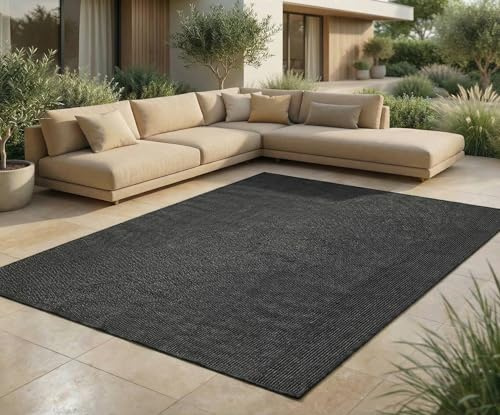 Jimri In- & Outdoor Teppich - Wetterfester Teppich für Balkon, Terrasse, Garten, Wohnzimmer, Küche - Strapazierfähiger Bodenteppich, Widersteht UV-Strahlen & Wasser - Größe 140 x 200 cm, Anthrazit