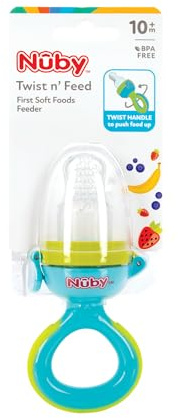 Nuby Twist n' Feed – Baby-Futterspender mit hygienischem Deckel | Zarte Nahrung + Beißring für Babys | Silikon | fördert die autonome Ernährung | ab 10 Monaten