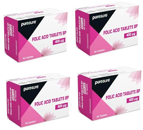 Folic Acid 400 mcg Tablets 4Pack 360 Vitamin B9 Tablets 1 Year Supply for Pregnancy Care Supports Maternal Tissue Growth During Pregnancy Reduce Tiredness and Fatigue Boost Health and Immune System