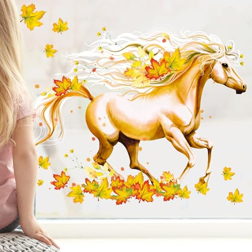 Fensterbild Pferd Herbst Galopp Blätter Herbstblätter bunt farbig wiederverwendbare Fensteraufkleber, 1. A4 Bogen