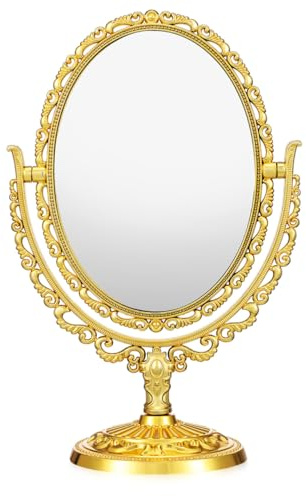 IWOWHERO Schminkspiegel in Ovale Form Drehbarer Tischspiegel Mit Doppelseitiger Spiegeloberfläche Vintage-Stil Kosmetikspiegel Auf Ständer Für Schminktisch Schlafzimmer Und Badezimmer
