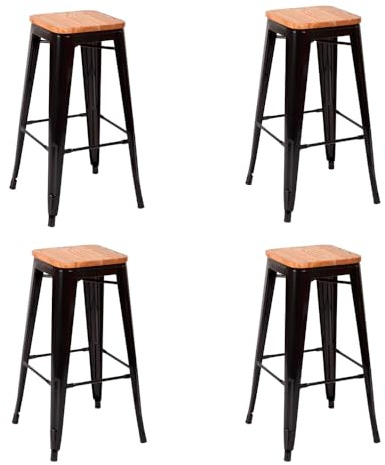 EME Pack 4 Taburetes Alto Metálico con Asiento Madera de Acero Galvanizado. Taburete Apilable de 76x43x43cm Ideal para Usar en Interior y Exterior. Incluye 4 Unidades. (Negro)