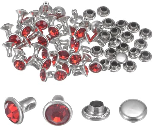 QUARKZMAN 100 Piezas de Remaches de Cristal de 6 mm, Remaches de Estrás Rápidos para Ropa, Cuero, Manualidades de Tela, Decoración de Artes y Manualidades, Color Rojo