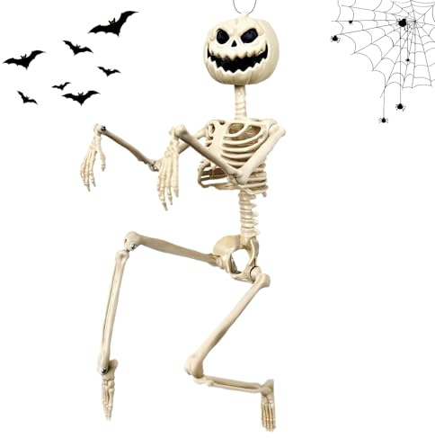 Halloween Kürbisse Skelett Realistisch Skelett Kürbiskopf Dekor mit beweglichen Gelenken Hängende skelett dekorationen von kürbiskopf Halloween Kürbiskopf Skelett Halloween Skelett Deko, 40cm