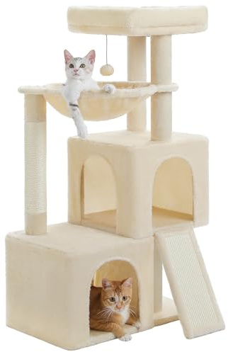 PETEPELA Kratzbaum 104cm Katzenbaum mit 2 geräumigen Höhle für Wohnungskatzen, Katzenhaus mit bequemer Hängematte, gepolsterter Sitzstange, Kratzpad und abziehbarer Spielball beige