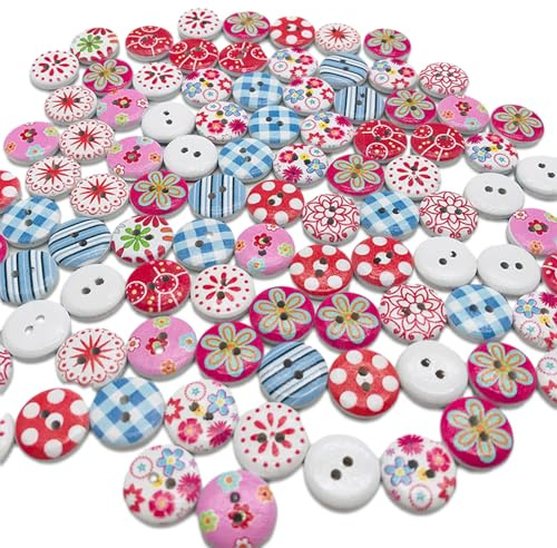 100 Pièces Boutons en bois pour l'artisanat, 15mm Artisanat Bouton Rond avec 2 Trous, Assortiment de boutons floraux colorés vintage pour Couture, Tricot, Peinture, DIY Décoration (A)