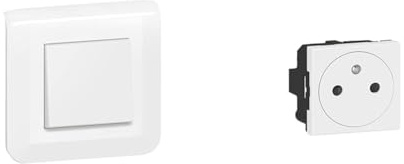 Legrand - Interrupteur ou va-et-vient Mosaic 10A blanc complet avec plaque et fixation à vis & Prise Electrique Murale avec Terre Mosaic Surface - Prise 2P+T à Fixation par Emboîtement
