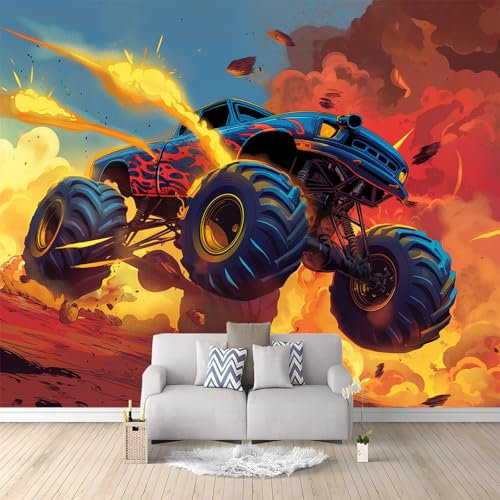 Generisch Fototapete 3D Panorama Wandbild Bemalender Flammen-Monstertruck 200x140 cm Art Fototapete Wandtapete Wohnzimmer Kinderzimmer Wanddeko Vlies Tapeten Poster TV Hintergrund Wandbilder