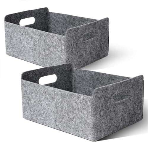 Cozary 2 Pezzi Cestino Pieghevole in Feltro, Cestini Portaoggetti con Manico, Cesto Portaoggetti per Vestiti, Asciugamani, Articoli da Toeletta, Libri, 30 x 24 x 15 cm, Grigio