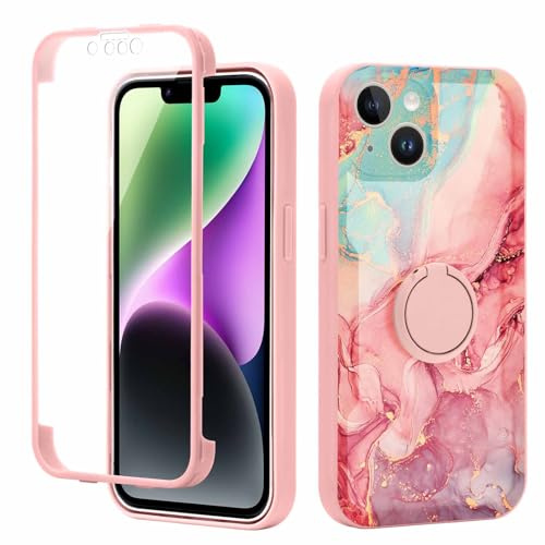 Yoedge Kickstand Phone Case for iPhone 14 6.1,360°Rotatable Magnetic Ring Holder Cases,Full Body Shockproof Silicone Back Cover with Built-in Screen Protector,Pink Marble Pattern for iPhone 14