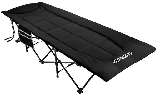 HEROGEAR Feldbett klappbar mit bequemer Baumwollfüllung [integriertes Kissen & Matratze] Gästebett Campingbett Strandliege Gartenliege Reisebett Erwachsene Faltliege Klappbett | 190 x 67 cm (Schwarz)
