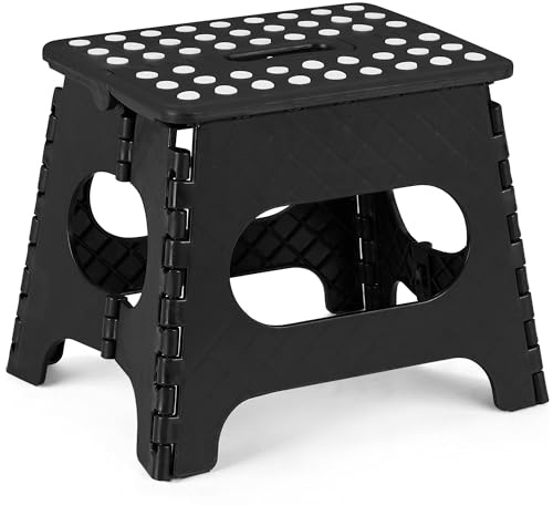 VECELO Folding Stool 28cm, Non-Slip Surface Portable Foldable with Carry Handle, Heavy Duty to Support Kids/Toddler/Adults for Living Room Kitchen, Bathroom,Black
